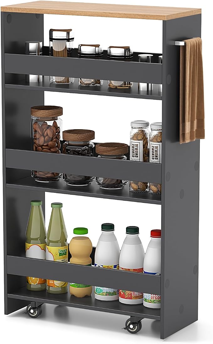Giantex 4 Tier Rolling Slim Storage Cart, 8" Narrow Slide Out Kitchen Cart w/Handle & Open Shelves, Space-Saving Compact Mobile Utility Trolley for Small Space Laundry Room (Grey & Natural)