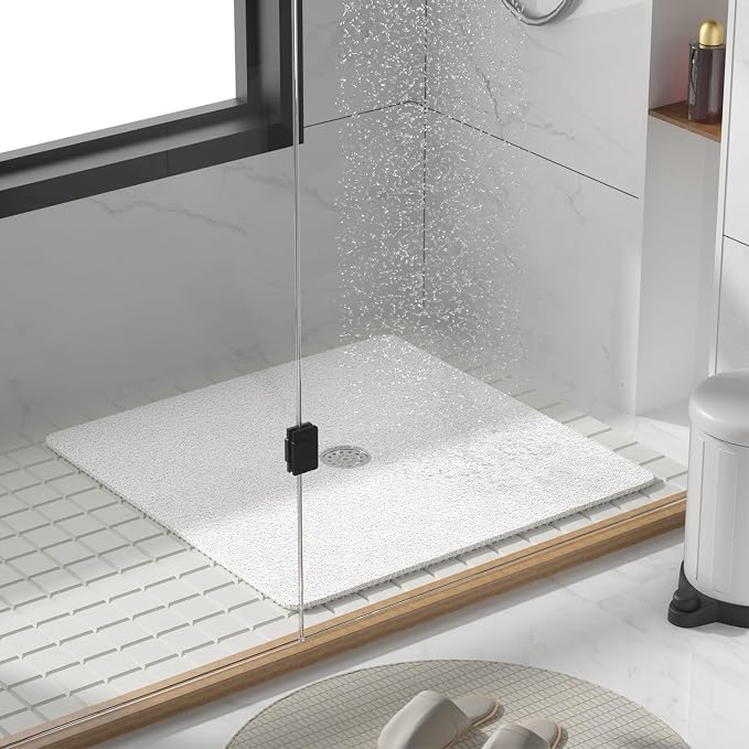 HITSLAM Square Shower Mat, 27 x 27 Inch Non Slip Bath Mat for Tub, Soft PVC Loofah Bathtub Mats with Drain Holes, Quick Drying Bathroom Stall Floor Mat, Bathroom Accessories Without Suction Cup, White