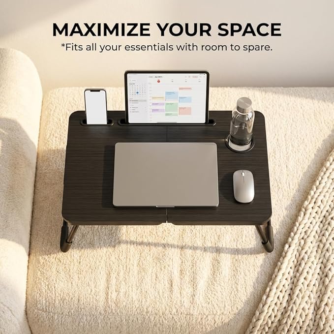 BUYIFY Foldable Laptop Bed Desk for Couch, Sofa - Large Lap Desk Tray Table with Cup Holder and Tablet Slot - Portable Notebook Stand for Eating, Writing, Studying and WFH (Black)-USA Original Patent