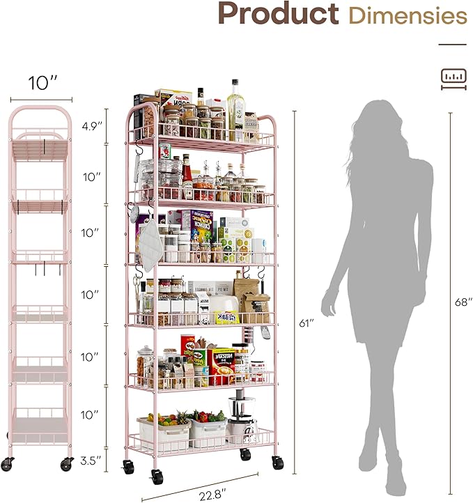 6 Tier Slim Rolling Storage Cart with Wheels, Metal Mobile Shelving Unit Organizer Utility Cart for Office Bathroom Kitchen Laundry Room Narrow Places (Pink 10 Inches)