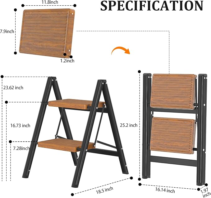 DIAMONDFORGE 2 Step Ladder, Lightweight Folding Step with Wide Anti-Slip Pedal & Feet, 330 lbs Capacity,Sturdy Steel Step Ladder for Home,Kitchen and Office,Woodgrain
