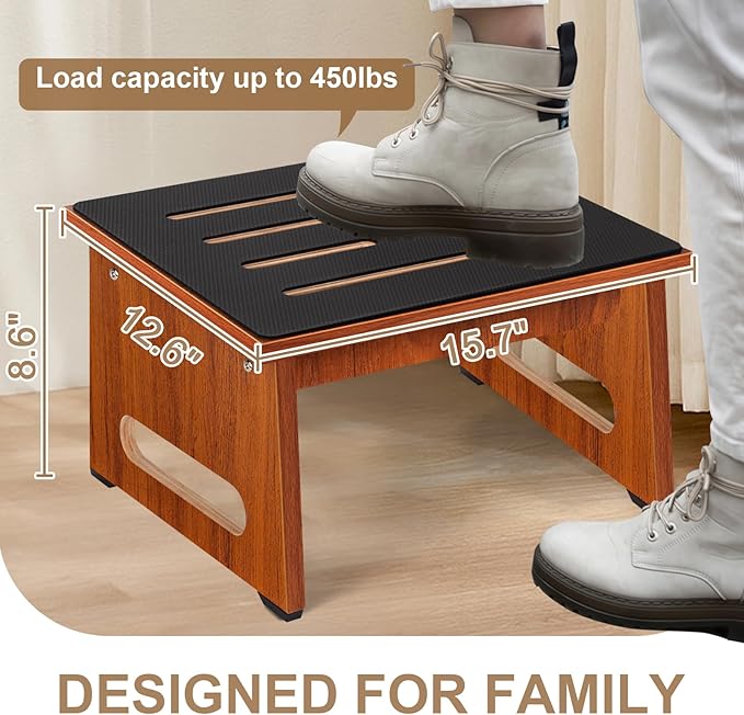 Step Stool, Bed Steps for High Beds for Adults with Non-Slip Rubber Stepping Surface and Handles, 450 LBS Capacity for Bedroom Kitchen Bathroom, or Bedside, Senior Support (Brown)