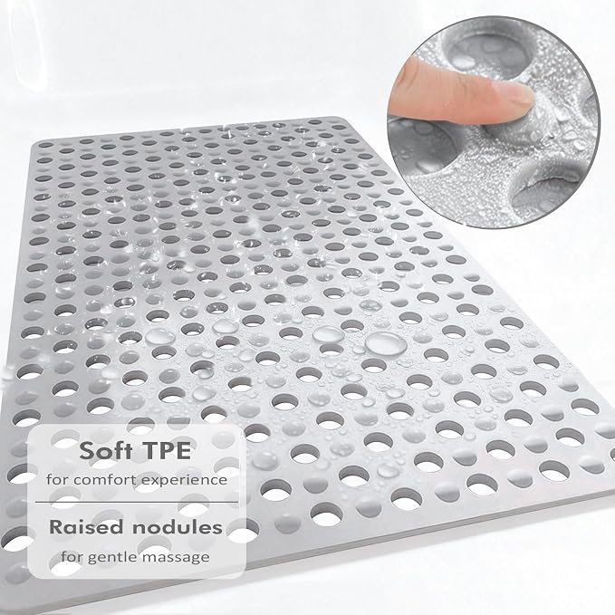 Tiamo Large Bathtub Mat 20.87" x 33.86",Non Slip Shower & Tub Mat for Elderly & Pregnant Women,Big Suction Cups,Quick Drain,Soft & Durable,Grey