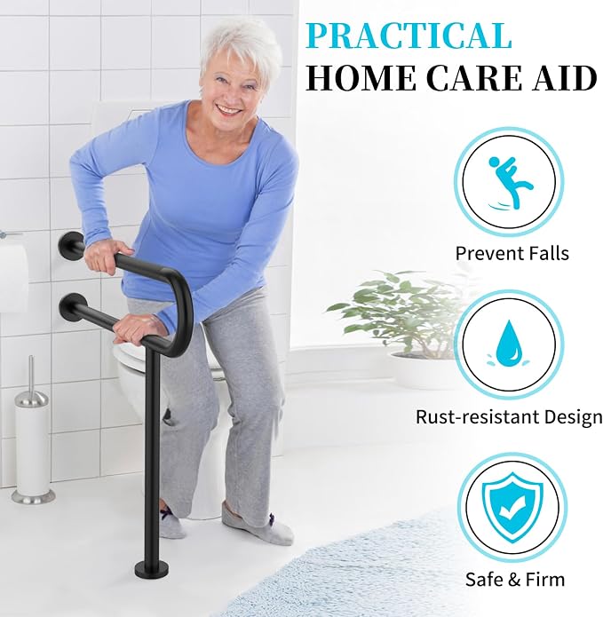 Toilet Support Rail 32 Inch, Munzong Anti-Slip Black Handicap Grab Bar for Bathroom, Stainless Steel Knurled Safety handrails with Leg for Elderly Disabled Pregnant-1.25’Tube