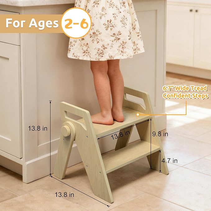 Wooden 2 Step Stool for Toddler Kids Bathroom Foldable 2-Step for Toilet Potty Training, Child Stepping Stool for Kitchen Nursery Bedroom