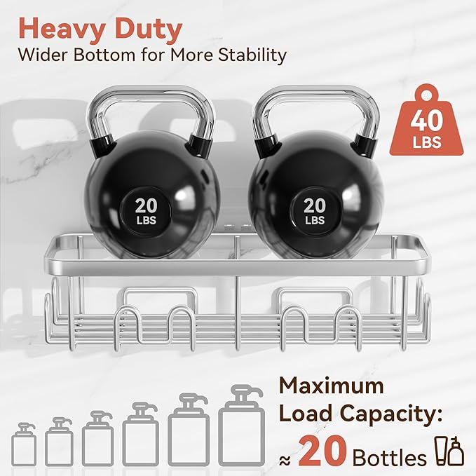 YASONIC Shower Caddy Adhesive, 100% Rustproof Shower Organizer with Soap and Toothbrush Holder, Large Capacity Shower Shelves for Inside Shower, No Drill Shower Storage for Home (5 Pack Silver)