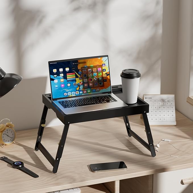 Artmeer Bed Tray Table with Folding Legs, Bamboo Breakfast Food Tray with Media Slot, Use As Platter, Laptop Desk, Snack, TV Tray Kitchen Serving Tray (Black Large Adjustable Legs)
