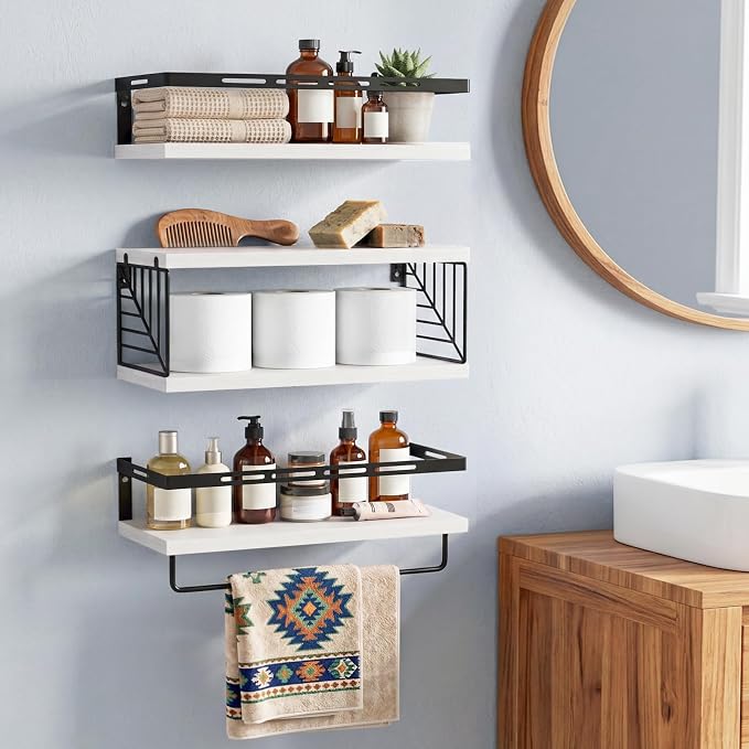 Fixwal Wall Mounted Bathroom Shelves Over Toilet, Rustic Wood Floating Shelves with Metal Frame and Towel Bar for Bathroom, Kitchen, Bedroom, Living Room (3 Plus 1 White)