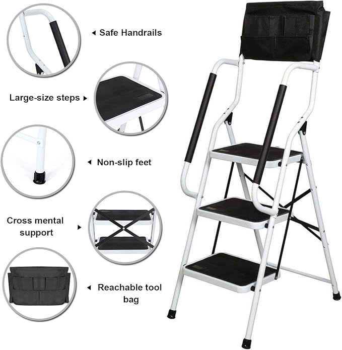 Wiberwi 3 Step Ladder with Handrails 500 lb Capacity Step Stool Folding Portable Ladders for Home Kitchen Steel Frame with Non-Slip Wide Pedal Stepladder with Attachable Tool Bag White