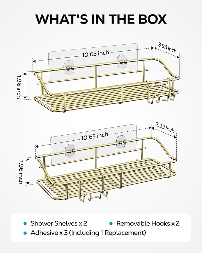 Nieifi Shower Caddy Shelf Storage Rack Adhesive Without Drilling Stainless Steel with Hooks for Washroom, Lavatory, Restroom, Toilet, Bathroom, Kitchen - 2 Pack, Golden