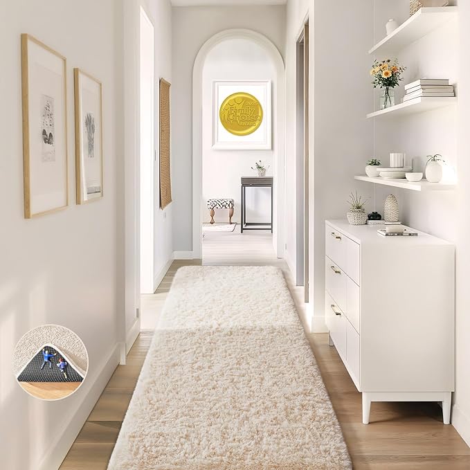 Ophanie Runner Rug for Hallway, 2x7 Washable Non-Slip Fluffy Soft Bedside Rugs, Bedroom Living Room Shaggy Carpet for Kids Girls Boys Dorm Nursery Home Decor Aesthetic, Ivory