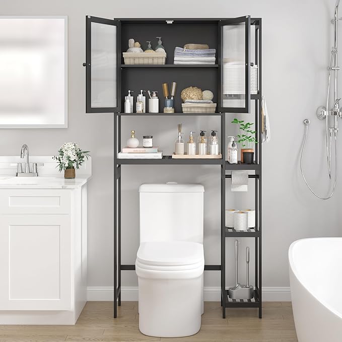 Over the Toilet Storage Cabinet Above Toilet Bathroom Organizer with Toilet Paper Holder Stand Bath Organizer with Adjustable Shelves & Acrylic Doors,Anti-Tip Device (Black)