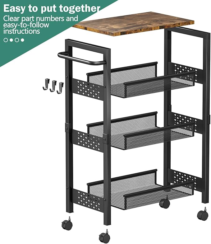 Vivihomety Utility Slim Storage Cart with Wheels, 4-Tier Narrow Rolling Organizer Shelf with Wood Top, Metal Storage Rack and Space-Saving Organizer for Bathroom, Kitchen, Laundry Room, Small Spaces