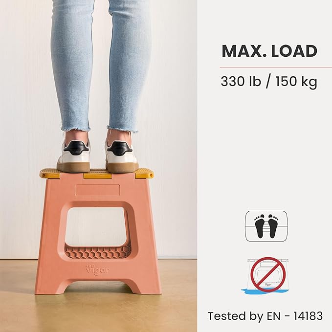 Vigar Compact Folding Step Stool - 12-1/2 Inch Foldable Step Stool for Adults, Lightweight Portable Stool with Handle, Non Slip Step Stool, Space-Saving Stool up to 330 lb- Orange, Bamboo Print Top