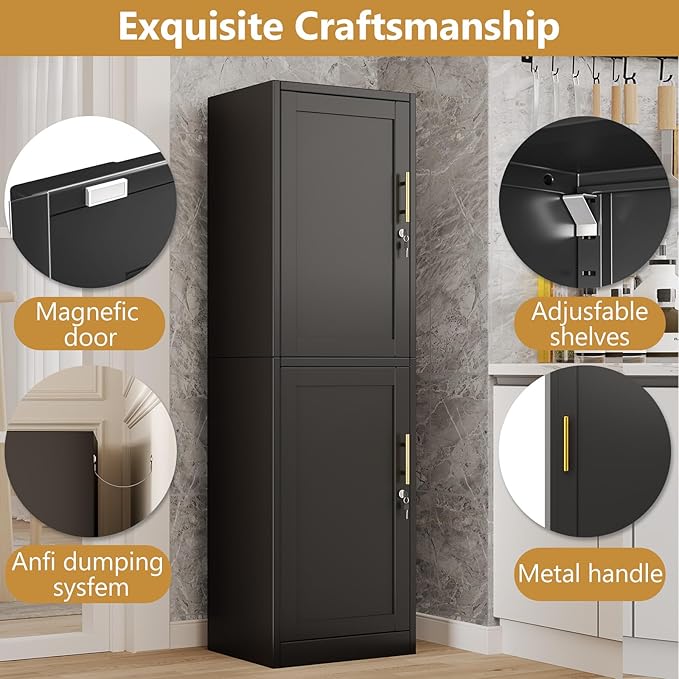 Tall Narrow Slim Metal Storage Cabinet with Lock 2 Doors and Shelves,Steel File Cabinets,Kitchen Pantry Cabinet Locker Organizer - 67" Locker Storage Cabinets for Bathroom,Bedroom,Office,Black