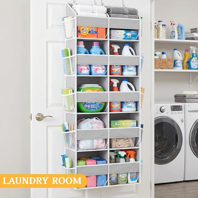 Over The Door Organizer, 5-Tier Extra Large Behind Door Storage with 10 Big Front & 10 Mesh Pockets, 80lb Capacity, Hanging Storage Organizer with Clear Window Kids Toys, Shoes, Diapers, Light Grey