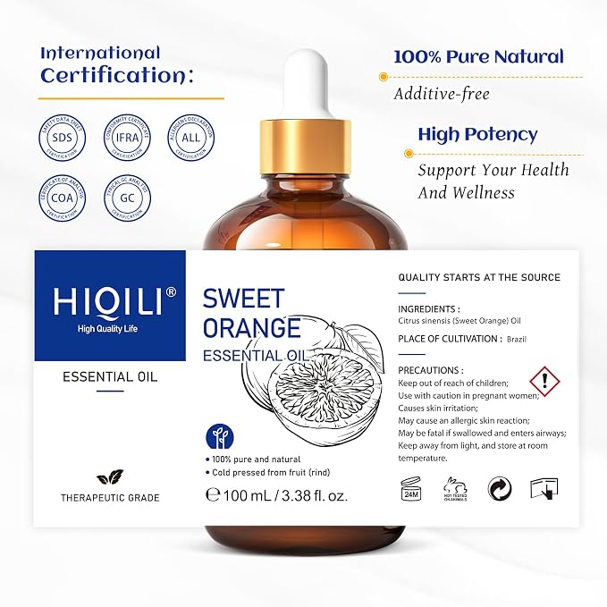 HIQILI 100ML Orange Essential Oil for Air Freshener, DIY Soap, Skin Care, Can be Added to Diffusers, Dryer Balls, Lotions for Use - 3.38 Fl Oz | Aromatherapy for Diffusers & Air Freshening, Skin Care, DIY for Cleaning Spray, Hand Soap, Candle & Soap