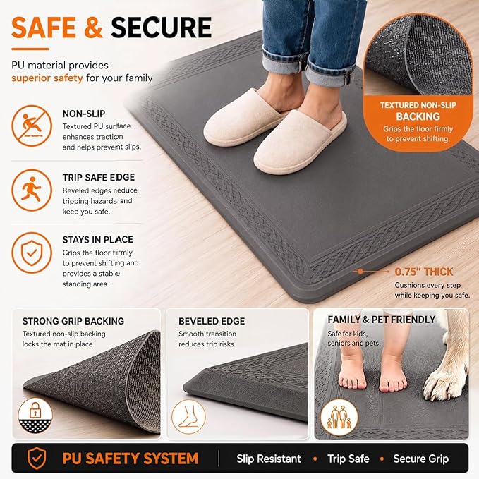 24 x 60 Inch Extra Support Anti Fatigue Comfort Kitchen Mat, Waterproof Long Kitchen Runner, Non-Slip Standing Desk Mat, Commercial Pads for Offices, Home, Garages (Bordeaux Grey, 24'' x 60'')