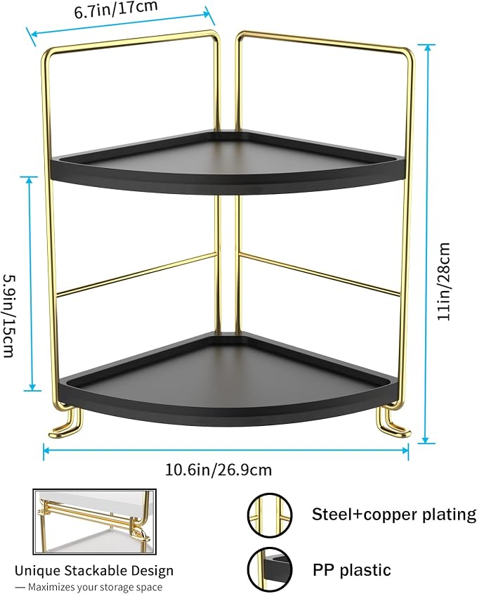 FSyueyun 2-Tier Corner Bathroom Counter Organizer, Tool-Less Installation Vanity Shelf Small Plastics Countertop Makeup Tray Skincare Perfume Organizers (Gold & Black)