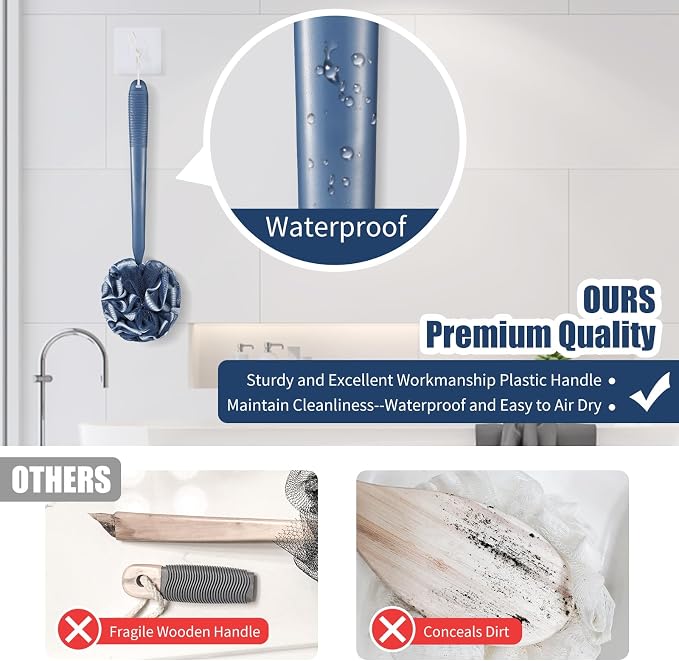 VANZAVANZU Loofah Sponge Set Loofah Exfoliating Body Scrubber, Anti-Slip Plastic 17" Handle Loofah on a Stick with Fluffy Shower Sponge, PE Soft Mesh Shower Loofahs-Blue with White Edge