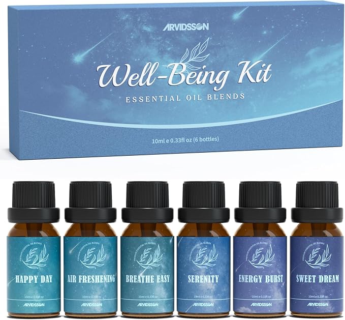 ARVIDSSON Essential Oil Blends Set, Well-Being Blend Gift Set - Sweet Dreams, Happy, Serenity, Breathe, Energy, Air Freshening, Natural Essential Oils for Diffusers, Candle Making