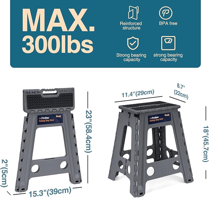 Flottian 18" Folding Step Stool for Adults and Kids Holds Up to 300 lbs,Non-Slip Folding Stools with Handle, Compact Plastic Foldable Step Stool for Bathroom,Bedroom, Kitchen,Gray,1PC
