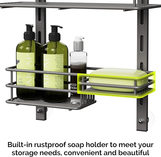 Orimade Over The Door Shower Caddy Adjustable 5 Tier Dark Grey,Bathroom Hanging Organizer Shelf Rustproof with 4 Hooks,Shower Basket with Soap Holder and Suction Cup