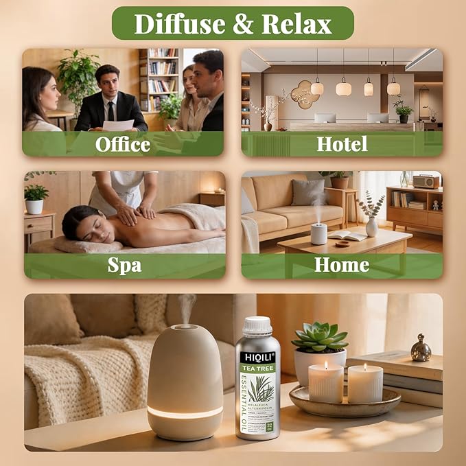 HIQILI Tea Tree Oil 32 Fl Oz, for Skin, Hair, Nail, Diffuser, Soap Making, Includes Four Portable Decanters