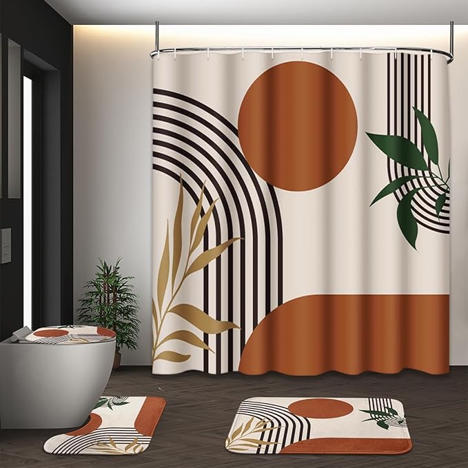 Boho Mid Century Shower Curtain Set with Toilet Lid Cover and Non-Slip Rugs, Abstract Geometric 4 Pcs Modern Minimalist Shower Curtain for Bathroom Set with 12 Hooks