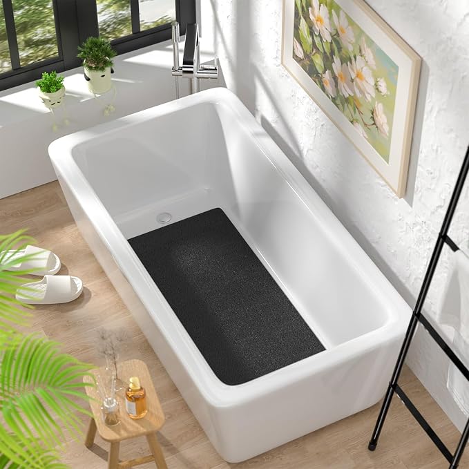 HITSLAM Bathtub Mat Non Slip, 35 x 16 Inch Long Soft PVC Loofah Shower Mat, Bath Mat for Tub Without Suction Cups, Quick Drying Bath Tub Mat for Shower and Bathroom, Easy to Clean, Black