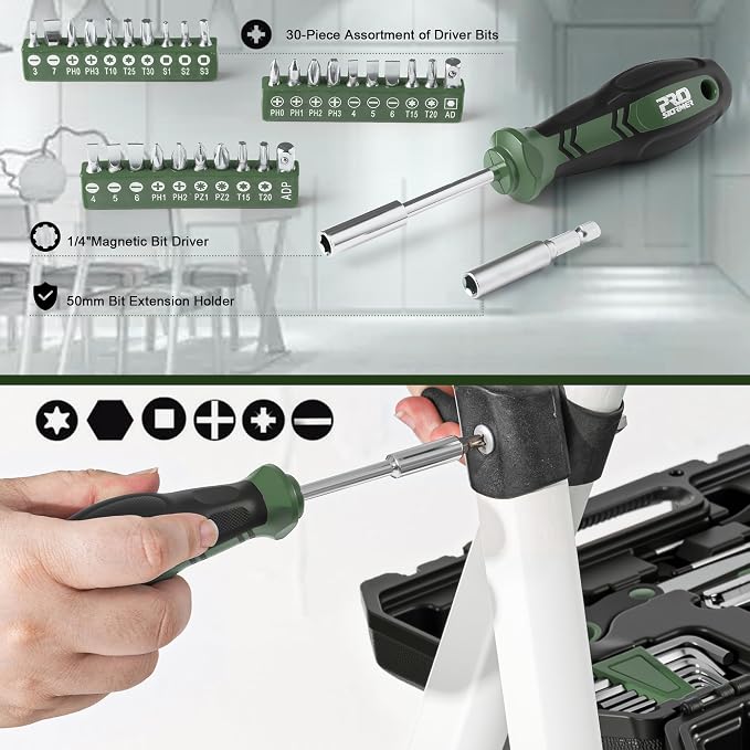 Prostormer 160-Piece Home Repair Tool Set, General Household Hand Tool Kit with Toolbox Storage Case for House, Garage, College Dorm and Office (Green)