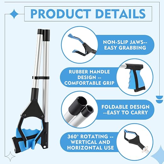 Ctosree 8 Pack 32" Trash Grabber Reacher Tool for Elderly, Foldable Litter Picker Upper, Lightweight Trash Pick up Stick, Long Handy Mobility Aids for Home Garden Arm Extension(Blue)