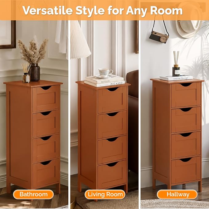 Bonnlo Skinny Bathroom Floor Storage Cabinet,White 12 Inch Wide Deep Small Storage Organizer with 4 Drawers, Brown Wooden Modern Thin Free Standing Tower Cabinet for Bathroom, Living Room