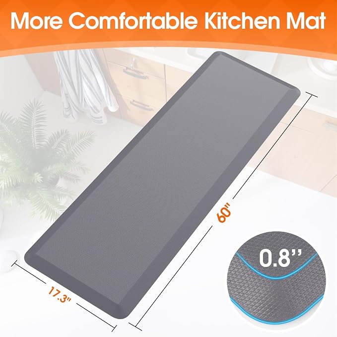 4/5 Inch Thicker Kitchen Mat, Cushioned Thick Floor Comfort Mat, with Non-Slip Bottom, Water & Stain Resistant, Easy Clean Standing Desk Mat for Kitchen, Sink, Office (17.3"x60"x0.8", Grey)