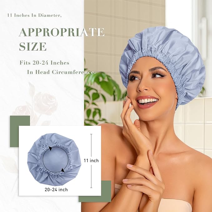 Reusable Shower Cap for Women, Large Waterproof Shower Bonnet with Elastic Band, Washable Bath Hair Cap for Long, Curly Hair, Braids, Daily Shower, Home Spa, Travel(Gray)