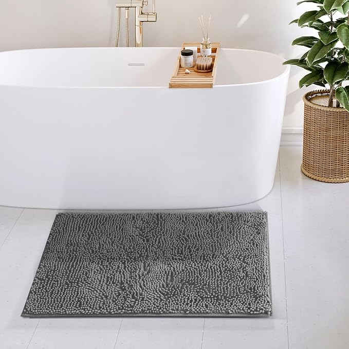 Hearth & Harbor Bathroom Rugs, Chenille Bath Mat - Machine Washable Bath Mats for Bathroom Non-Slip Backing Rubber, Quick Dry Bathroom Mat, 20 x 32 - Frost Grey