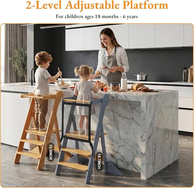 COSYLAND Foldable Toddler Standing Tower - Adjustable Height Folding Step Stool Kids Toddler Kitchen Stool for Learning and Cooking - Ages 18 Months to 6 Years with Safety Net Natural & Grey