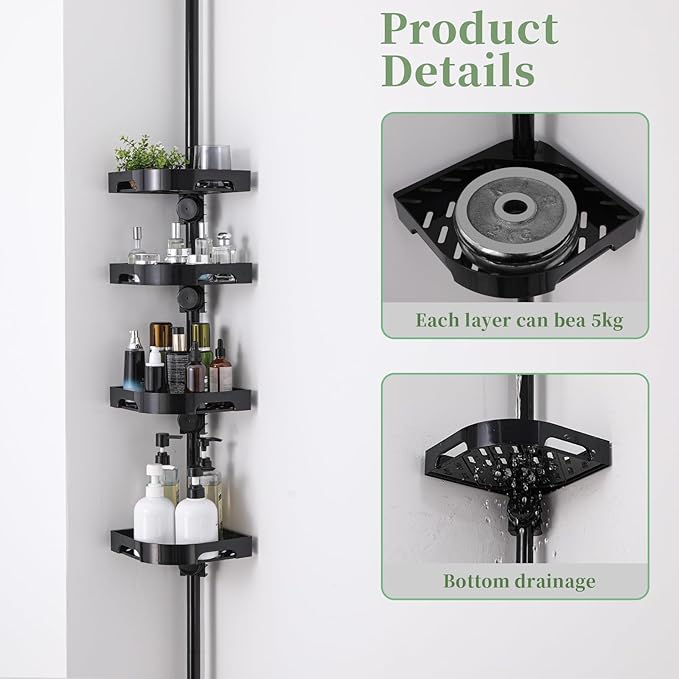 akinbas Tension Pole Shower Caddy Organizer with 4 Tier L-Shaped Rust Resistant Bathroom Corner Shelves with 34-124 Inch Adjustable No Drilling Quick Install Shower Rack for Bath Essentials (Black)