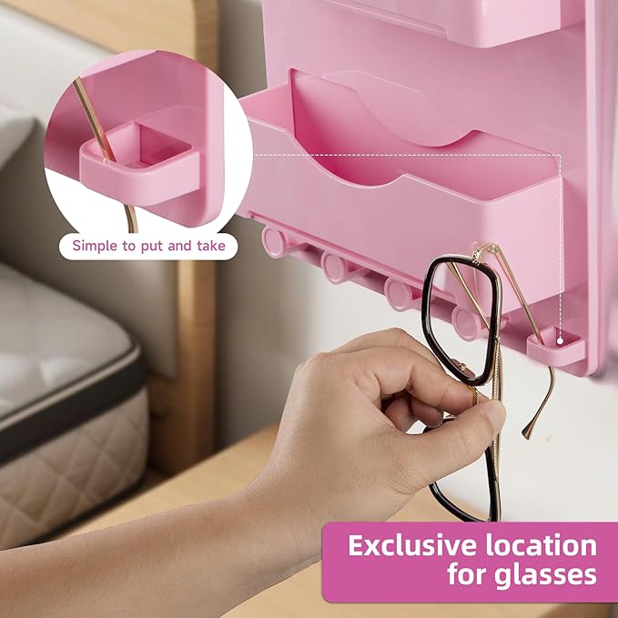 Pink Bedside Shelf Organizer - Wall Mount Phone Holder with Glasses Hook & 50 Motivational Stickers for Girls Bedroom Dorm Decor