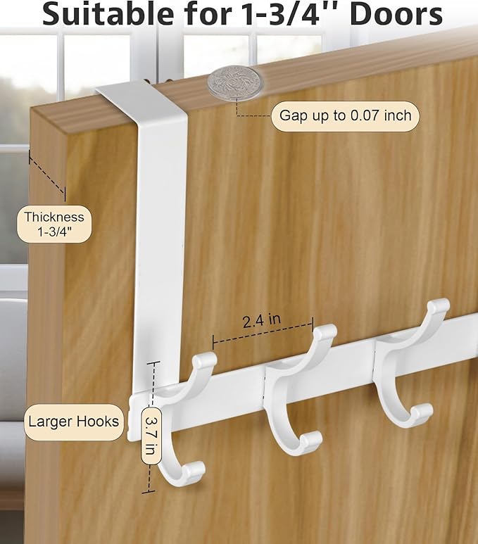 Optish Door Hooks for Hanging, Over The Door Towel Racks for Bathroom, Coat Rack Door Towel Hanger Towel Hooks (2Pack, White, Fit 1-3/4" Doors)