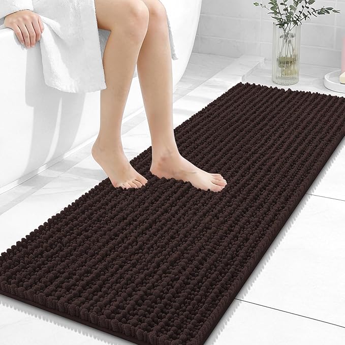 OLANLY Long Bathroom Rugs Runner 47x17, Thick Soft and Absorbent Chenille Bath Mat, Non-Slip, Machine Washable Quick Dry Bath Rugs for Tub Shower Floor, Home Decor Accessories, Brown