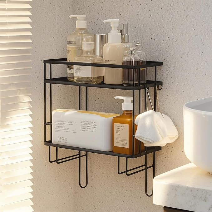 PowerKing Over The Toilet Storage Shelf, 2-Tier Bathroom Organizer Rack with 2 Hooks, No-Drill, Rust-Resistant Steel, Toilet Paper Holder for Restroom Bathroom, Black