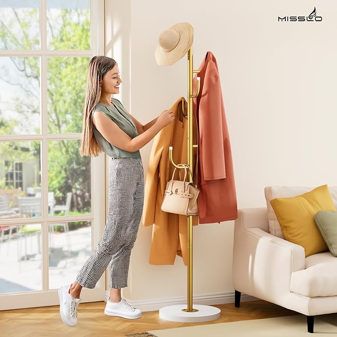 MISSLO Heavy Duty Coat Rack Freestanding 4 Adjustable Size Coat Tree with Stable Wood Base Coat Hanger Stand with 6 Hooks Standing Clothes Tree for Bedroom, Gold