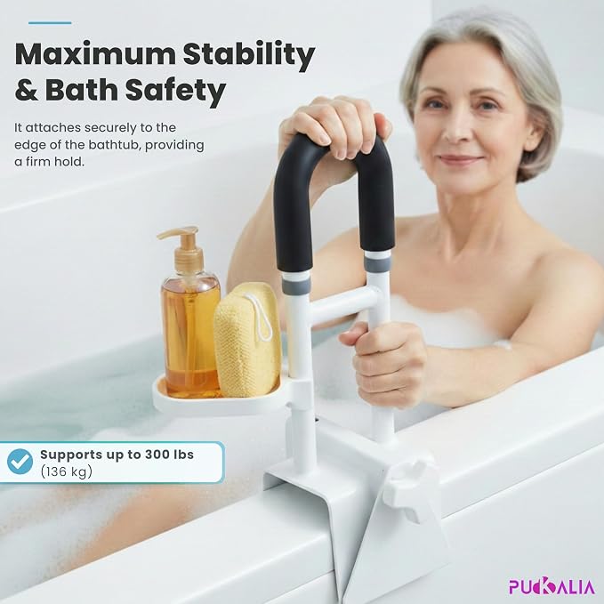 Bathtub Grab Bar Safety Rail for Seniors and Elderly with 300lbs Heavy Duty Iron Support Plus Tool Free Clamp on Shower Handle and Non Slip Bathroom Assist Bar for Side of Tub in White