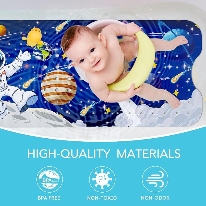 SHUCHING Blue Baby Bath Mat for Tub Non Slip-40 X 16Inch, Space Astronaut Bathtub Mat Anti Slip for Kids, Toddler Long Shower Mat for Bathroom Mold Free, Machine Washable