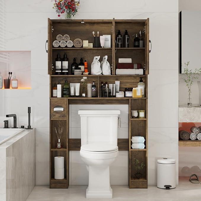 Vabches Over The Toilet Storage Cabinet, Farmhouse Toilet Cabinet Rack with 3 Barn Doors, Space Saving Bathroom Organizer with Shelves, Toilet Paper Holder and Towel Rack for Bathroom,Restroom, Brown
