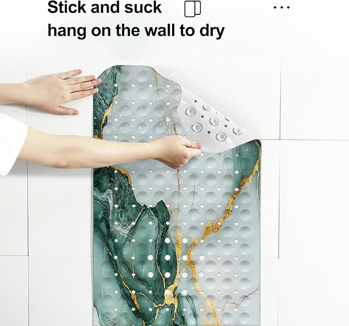 LNOND Marble Bath Tub Mat Non Slip, Extra Long 40 X 16 Inch Anti Slip Mat for Bathtub, Green Gold Marble Shower Mat with Drain Holes and Suction Cups, Machine Washable