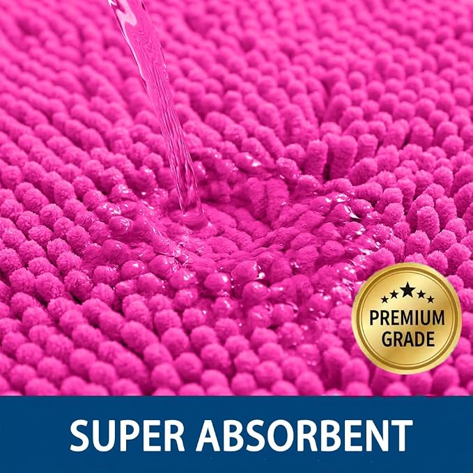 Bathroom Rugs Sets 2 Piece,Super Absorbent Chenille Bath Mats and U-Shaped Toilet Rug,Strong PVC Non Slip Backing,Microfiber Washable Dry Quickly Bath Mats for Bathroom(20"x32"+20"x20"U,Hot Pink)