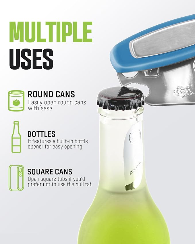 Multifunctional Can Opener Manual, Durable Heavy Duty Handheld Strong Can Opener with Smooth Cutting Edge, Friendly Kitchen Essentials Tool for Seniors, Camping and Bottle Opening-Blue