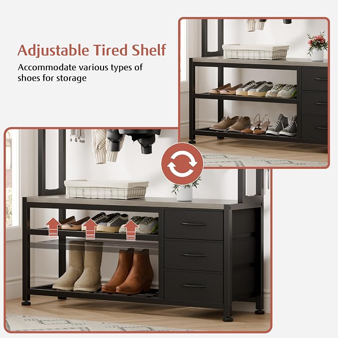 Lulive Hall Tree with 3 Drawers, Industrial Entryway 39.4" Coat Rack Shoe Bench, Freestanding Mudroom Organizer with 12 Hooks, Top Shelf Storage (Grey)